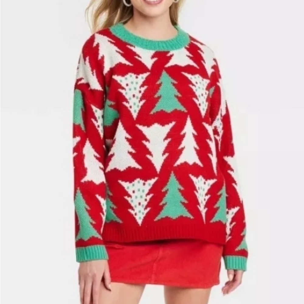 33 Degrees Christmas Tree Print Red Green Oversized Festive Sweater Size Medium